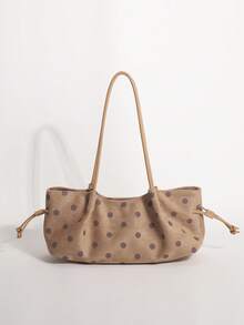 Khaki Polka Dot Underarm Tote Bag With Dual Drawstring Design, Women's Shoulder Bag With Pom Pom Pendant, Suitable For Commuting And Shopping - Khaki - View 6