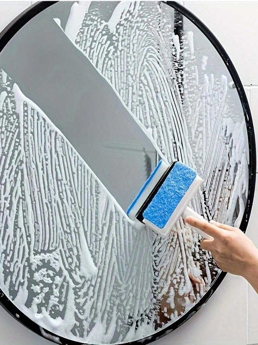 1pc 2-In-1 Bathroom & Living Room Glass Cleaning Brush And Rubber Squeegee - Manual, Multi-Surface Window Cleaner With Sponge And Rubber Blade, No Power Required, Suitable For Shower Doors, Mirrors, Tiles