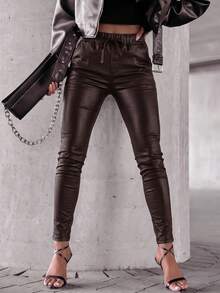Women's Stylish Brown PU Leather Skinny Pants Long Ruched Drawstring Waist Band Casual Party Trousers - Coffee Brown - View 2