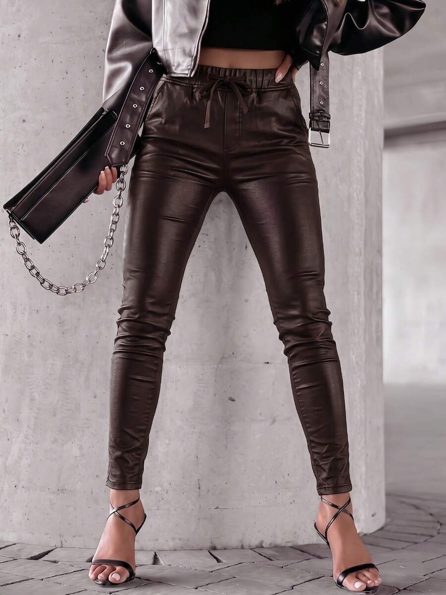 Women's Stylish Brown PU Leather Skinny Pants Long Ruched Drawstring Waist Band Casual Party Trousers