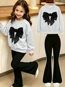2pcs/Set Girls Minimalist Casual Slogan Print Crew Neck Sweatshirt & Flare Pants Outfit, Autumn/Winter Fashion Comfortable New Style - Multicolor - View 1
