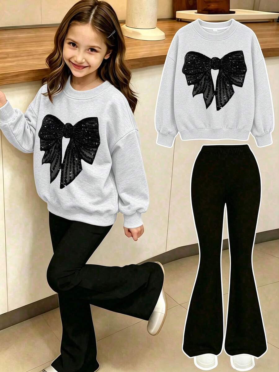 2pcs/Set Girls Minimalist Casual Slogan Print Crew Neck Sweatshirt & Flare Pants Outfit, Autumn/Winter Fashion Comfortable New Style - Multicolor - View 1