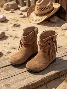 1 Pair Children's Vintage Woven Tassel Slouchy Mid-Calf Boots, Suitable For Outdoor Trips, Suitable For Activities And Parties, Suitable For Daily Wear, Suitable For Autumn And Winter - Khaki - View 1