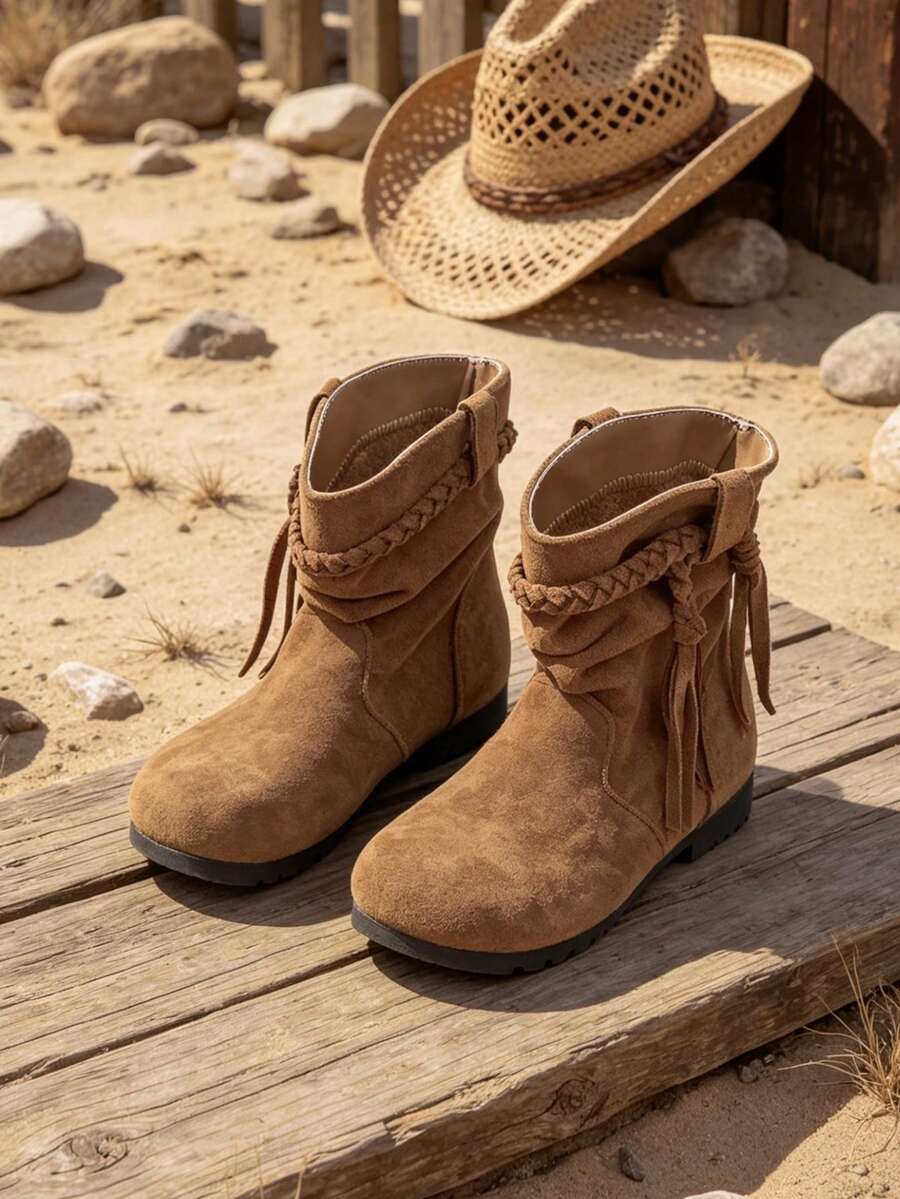 1 Pair Children's Vintage Woven Tassel Slouchy Mid-Calf Boots, Suitable For Outdoor Trips, Suitable For Activities And Parties, Suitable For Daily Wear, Suitable For Autumn And Winter - Khaki - View 1
