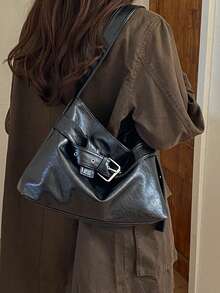 Women's Retro Oil Wax Leather Hobo Shoulder Bag, Buckle Decor Soft Underarm Purse, Casual Simple Daily Shopping Handbag - Black - View 6