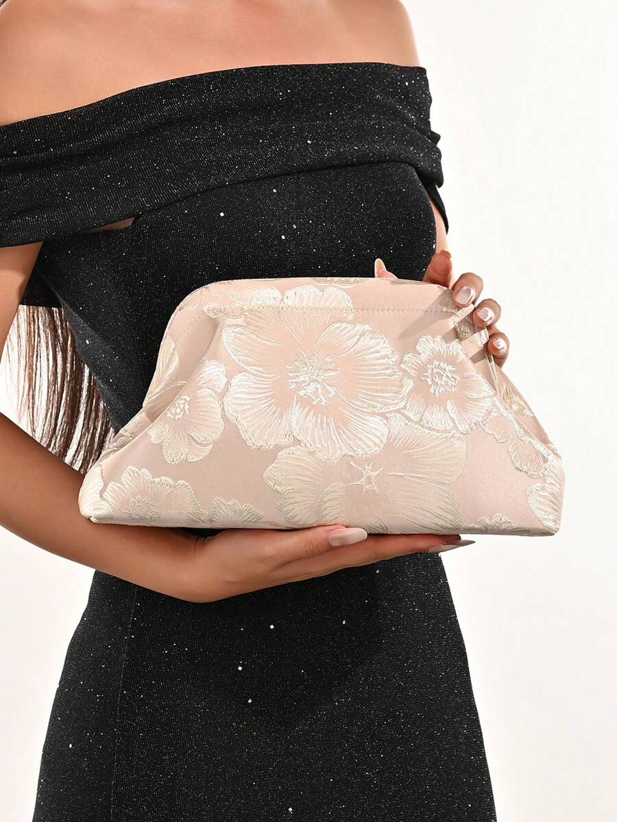 LJDCRFT Women's Floral Jacquard Clutch, Elegant Frame Clutch With Detachable Chain, Suitable For Weddings, Proms, Cocktail Parties And Formal Occasions - Pink - View 1