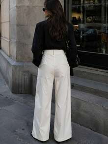Women's Solid Color Loose Straight Leg Pants For Office, Daily, Campus, Dating, Vacation, Commuting - White - View 2