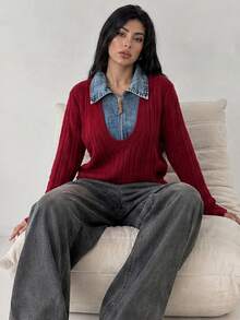 Wixra Women V Neck Fake Two‑Piece Sweater Denim Lapel Half Zip Cable Knit Long Sleeve Pullover Jumper - Burgundy - View 3