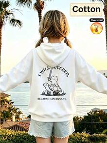 2026 Autumn/Winter Girls' Custom Loose White Hooded Sweatshirt, Cartoon Cat Riding Turtle And Letter Print, Casual Cute Style - White - View 3