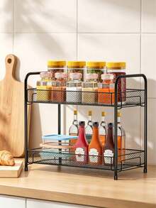2‑Tier Iron Desktop Storage Rack, Reinforced Hollow Mesh, Black & White, Countertop Organizer For Desk Kitchen Bathroom Cosmetics Spices - A - View 2