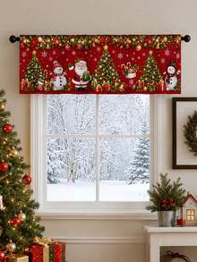 1pc Christmas Red Santa Snowman Tree Window Topper, Traditional American Holiday Style Polyester Rectangular Rod Pocket Short Valance With Evergreen Garland, Ornaments And Snowflake Print, Kitchen Dining Room Decor - Multicolor - View 5