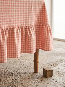 1pc Pink And White Small Checkered Tablecloth, Warm Pastoral Style, Fabric Material, Rectangular Long With Ruched Edge And Pleated Detail, Decorative And Functional, Suitable For Daily Home Dining Scenes - Pink - View 8
