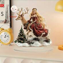 Christmas 2D Acrylic Flat Ornament, Blonde Princess Riding Golden Horned Reindeer With Christmas Tree And Snowy Landscape Scene, Holiday Desktop Decoration Home Gift - A - View 3