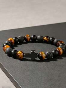 Men's Vintage Natural Tiger Eye Stone Protection Bracelet With Cross, A Daily Protective Emotional Healing Gemstone Jewelry, Gift For Him, Boyfriend - Multicolor - View 4