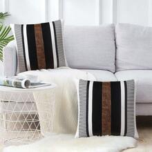 1pc Modern Minimalist Black White Brown Vertical Stripe Patchwork Pillow Case, Faux Leather Decor Geometric Line Pattern Square Decorative Cushion Cover, Suitable For Sofa Bedroom Farmhouse Style Home Decor, Pillow Insert Not Included - Black - View 4