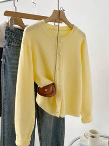 Women's Round Neck Fuzzy Knit Cardigan, Long Sleeve Button Down Casual Cropped Sweater Jacket For Fall & Winter Daily Outfit - Yellow - View 4