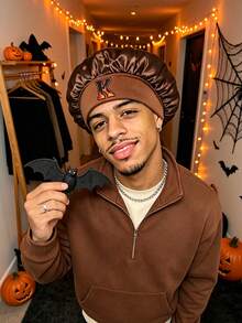 1pc Men's Brown Satin Sleep Bonnet With Halloween‑Vibe A‑Z Alphabet Flame‑Style, Elastic Band Hair‑Friendly Hair Care Accessory For Hair Protection - Brown - View 3