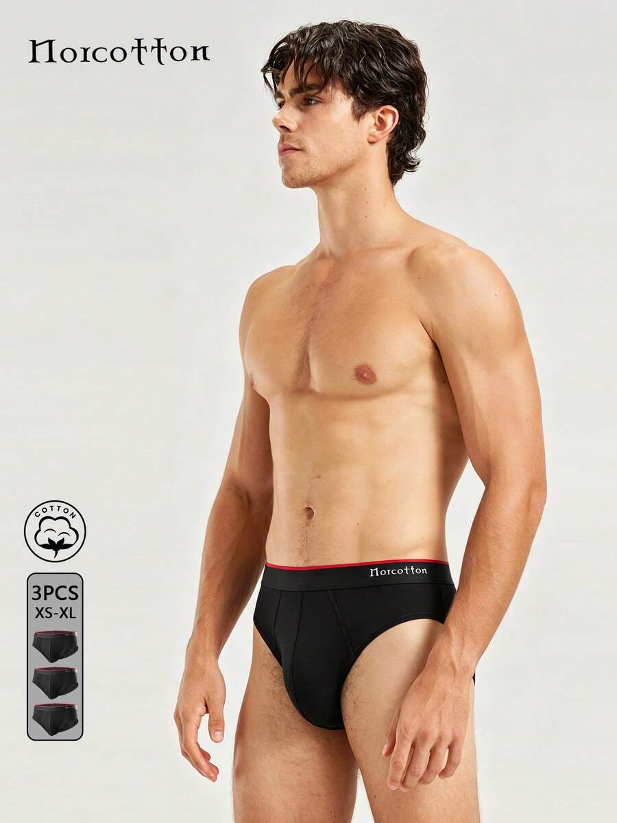 Norcotton 3pcs Black Triangle Briefs Pure Cotton Low Waist Men's Underwear - Black - View 1