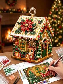 DIY 3D Christmas Wooden House Pearl & Rhinestone Craft Kit, Multiple Styles Holiday Rhinestone Mosaic Craft Set, Suitable For Adult Beginners, Handmade Christmas Home Decor Tabletop Ornament, Relaxing Hobby Christmas Gift, Gift For Craft Lovers - Sets - View 4