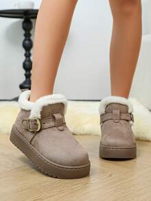 Sepatu Bot Musim Dingin Pendek Platform untuk Wanita, Bahan Suede Imitasi Warna Solid dengan Manset Bulu Halus dan Gesper Logam, Dekorasi Tali, dan Penutup Bulu Halus, - Khaki - View 5