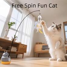360° Rotating Automatic Cat Teaser Toy With Flexible Long Rod, Feather And Bell, Interactive Fishing Cat Toy For Play And Fun, Cute Pet Toy - Multicolor - View 4