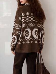 Women's Bohemian Style Knitted Cardigan, V-Neck, Button Front, Long Sleeve, Ribbed Knit Short Sweater, Suitable For Autumn/Winter Wear - Brown - View 2