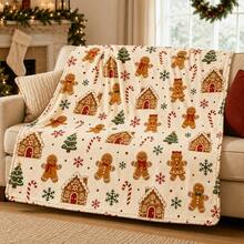1PC Gingerbread Man Gingerbread House Candy Cane Christmas Tree Print Throw Blanket, Retro Christmas Holiday Decor Blanket For Sofa Bedroom - Multicolor - View 8
