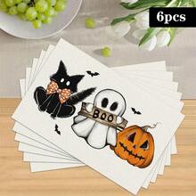 1/4/6pcs Halloween Series Cute Boo Ghost & Black Cat Print Placemats, Heat Resistant Table Mats For Home Kitchen, Tabletop Protection, Kitchen Dining Table, Party Decor - Multicolor - View 13