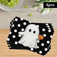 1/4/6pcs Alas Meja Seri Halloween Motif Polkadot Hitam Putih Hantu & Lucu, Alas Meja Tahan Panas untuk Melindungi Meja Dapur/Makan di Rumah, Dekorasi Pesta - MultiWarna - View 15