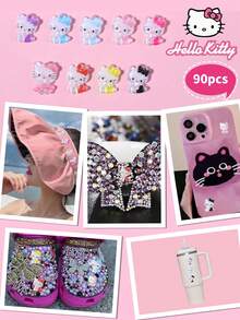 Sanrio 9格裝 90件裝 Hello Kitty 卡通美甲飾品套組，9款彩色蝴蝶結系列 Hello Kitty 貓咪設計美甲 DIY 微小水鑽平底飾件 - 彩色 - 查看 6