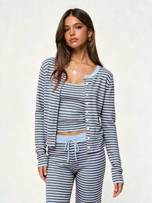 Fall/Winter Striped Long Sleeve Knit Cardigan & Vest 2 Pieces Casual Set For Women - Blue - View 7