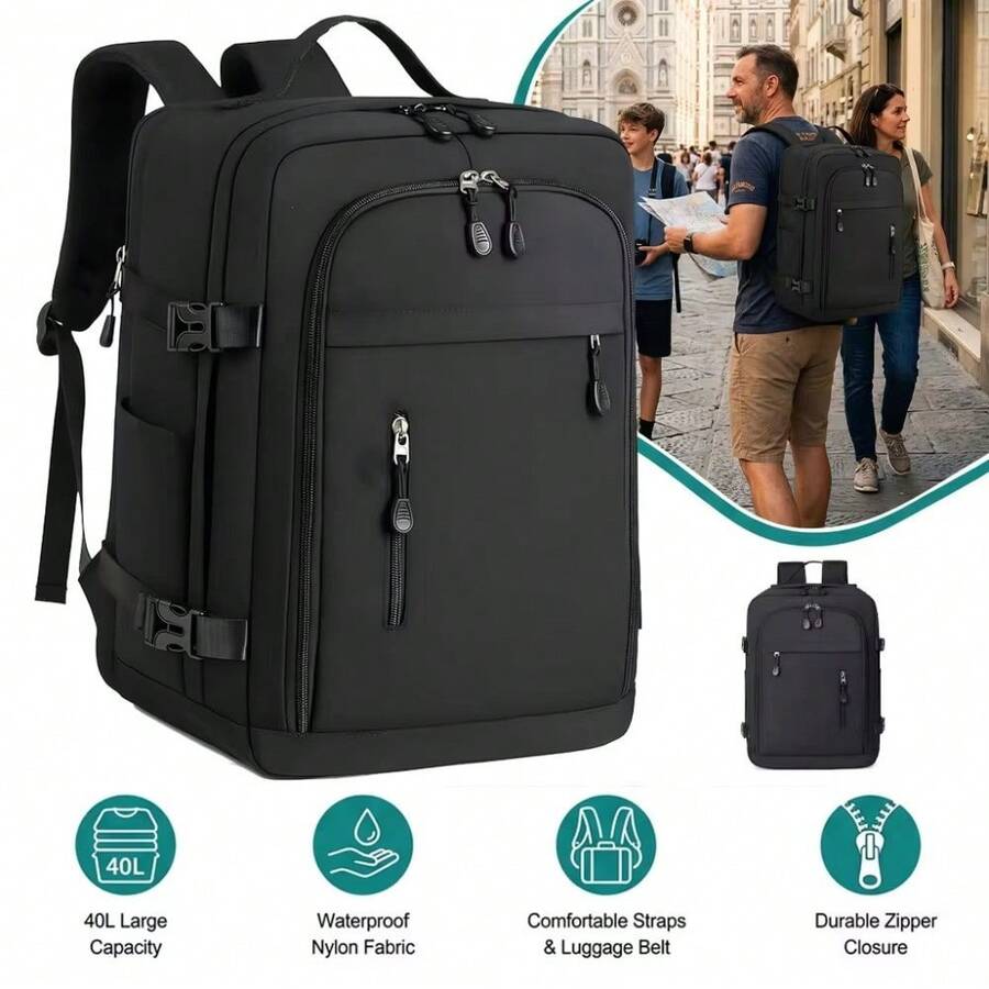 Reiserucksack 24L Handgepäckgröße wasserabweisend Laptopfach Business Tagesrucksack für Damen Herren Flug Pendeln leicht robust täglicher Gebrauch - Schwarz - Übersicht 1