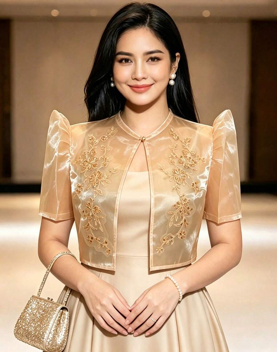 蝴蝶袖 Filipiniana 風格女款優雅花瓣袖亮片圖案短袖上衣 - 金色 - 查看 1