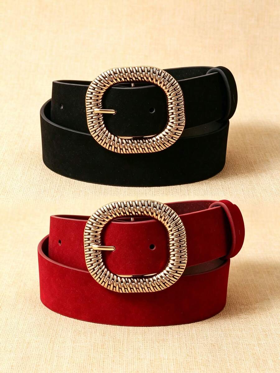 APLCSEY 2pcs Women's Suede PU Leather Belts With Metal Buckle, Fashionable Casual Street Style Holiday Waist Belts Suitable For Daily Use - Black + Red - View 1