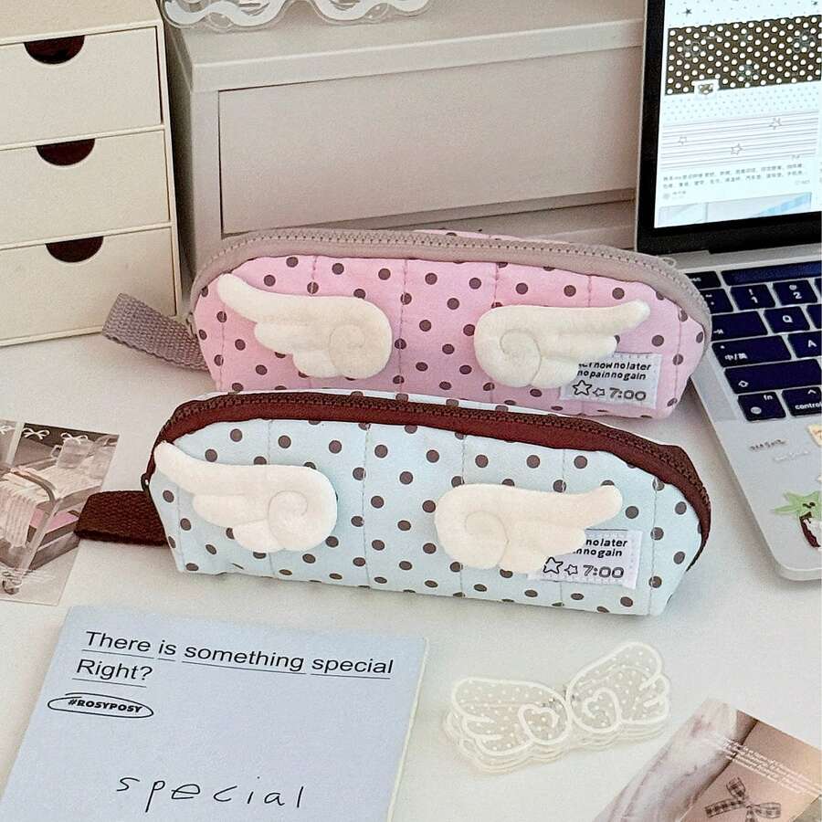 Cute 3D Angel Wings Pencil Case, Polka Dot Quilted Pen Bag, Large Capacity Stationery Pouch For Back To School, Zipper Pencil Pouch For Girls Students - Multicolor - View 1