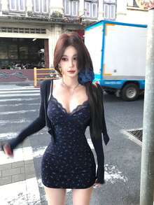Sexy Lace Ditsy Floral Spaghetti Strap Dress, Fitted Atmosphere Dress For Women - Picture Color - View 4