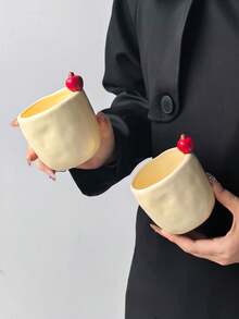 1pc Cream Style Handheld Coffee Mug, Creative Personalized Home 3D Embossed Red Apple Ceramic Cup, Minimalist Cute, Suitable For Brewing Coffee, Tea, Daily Water Cup, Latte Art, Dishwasher , Gift - Multicolor - View 6