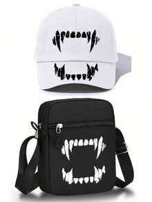 1pc/2pcs Halloween Vampire Fangs Print Baseball Hat & Crossbody Bag Set, Unisex Gothic Streetwear Accessories For Men Women, Fall Winter - Multicolor - View 13