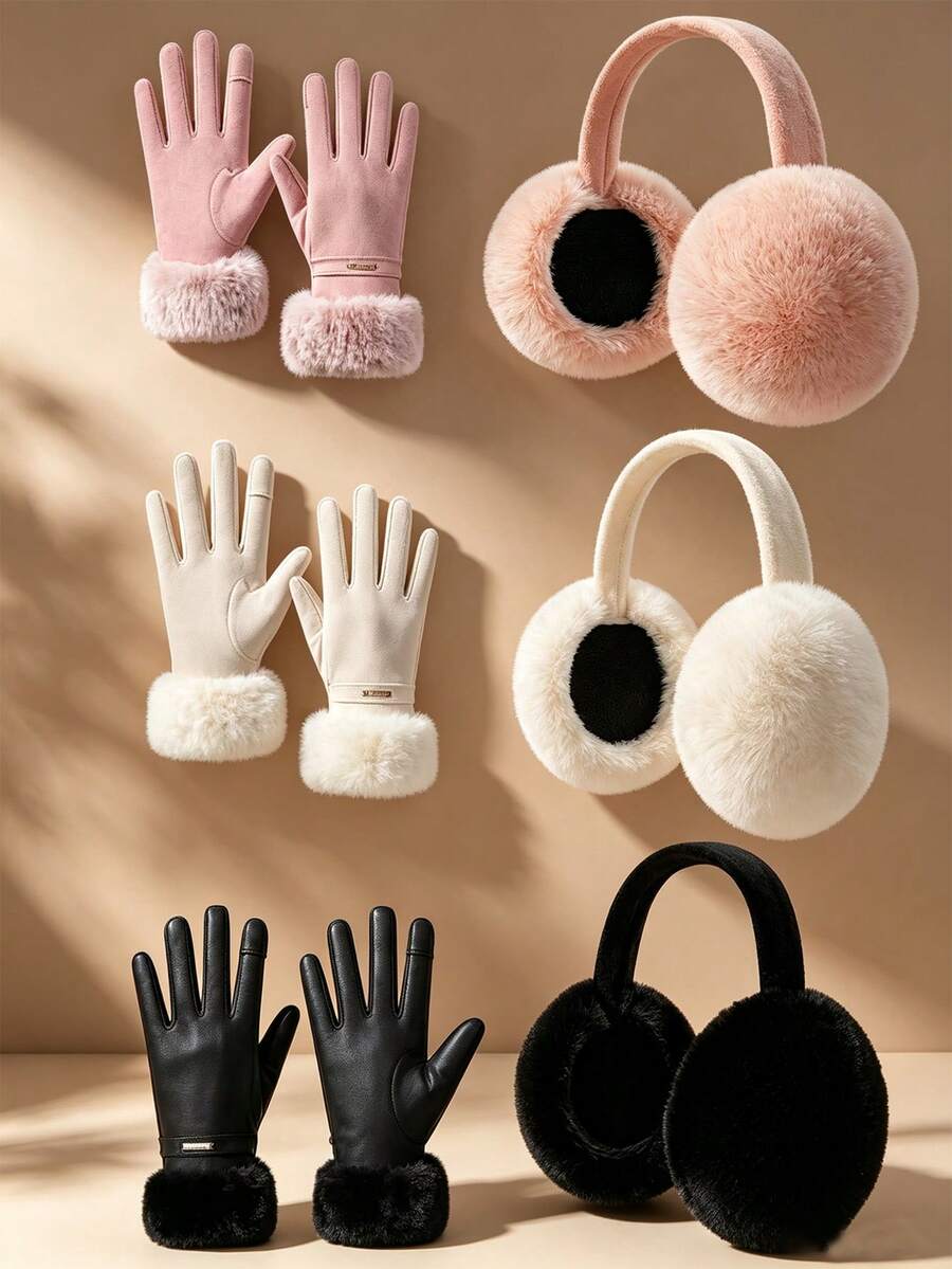 2pcs/Set Plush Foldable Earmuffs And Plush Trim Gloves, Suitable For Autumn/Winter, Versatile Fashion Minimalist - Multicolor - View 1
