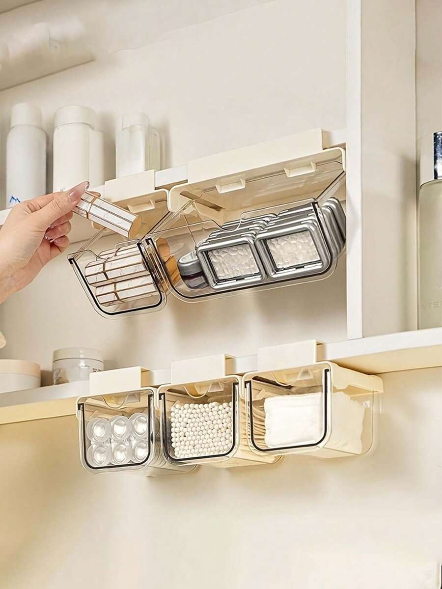 1pc Clear Plastic Under‑Shelf Makeup Organizer, Clip‑On Slide‑Out Hanging Cosmetic Storage Drawer, Space‑Saving Holder For Makeup Pads & Hair Accessories, For Bathroom Cabinet & Vanity Table