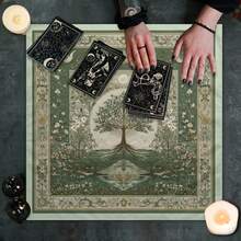1pc Tree Of Life Tarot Cloth, Vintage Green Floral Altar Cloth With Moon Birds Pattern, Soft Divination Tablecloth For Tarot Reading, Spiritual Home Decor Tapestry - Black - View 6