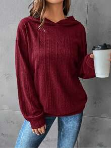 Women's Plus Size Burgundy Knitted Hooded Long Sleeve Regular Fit Warm Pullover, Suitable For Autumn/Winter Wear - Wine Red - View 2
