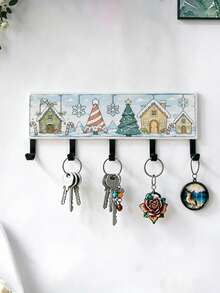 1PC Christmas Wall‑Mounted Key Rack, Wall Storage Organizer With Winter Christmas House & Tree Pattern, Multi‑Purpose Hanger For Entryway, Christmas Home Decor Gift, Housewarming Present - View 7