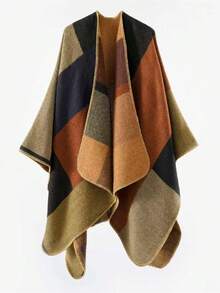 1pc Men's Versatile Fashion Colorblock Plaid Poncho Shawl Scarf, Autumn/Winter Outdoor Casual Warm Split Poncho Jacket - Multicolor - View 8