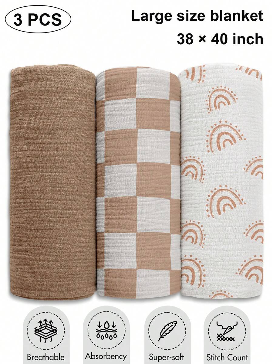 Muslin Swaddle Blankets, 40 X 38 Inches Baby Swaddle For Boys And Girls, Soft Baby Blanket, 3 Packs Breathable Nursery Receiving Blankets - Grid - View 1
