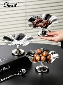 shoxil 1 pièce Tasse à dessert en métal en forme de feuille de lotus, bol de service à pied en acier inoxydable poli, plateau décoratif à pied haut, convient pour les desserts, les fruits, les amuse-gueules, parfait pour la table basse du salon et les hôtes de fêtes à la maison - Tasse - Voir 10
