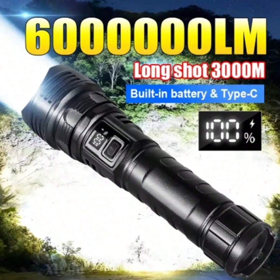 6000000LM LED Flashlight Long Shot 3000M 30W High Power Zoomable Torch Type‑C Rechargeable Digital Power Display Waterproof Handheld Flashlight For Camping Hiking Emergency