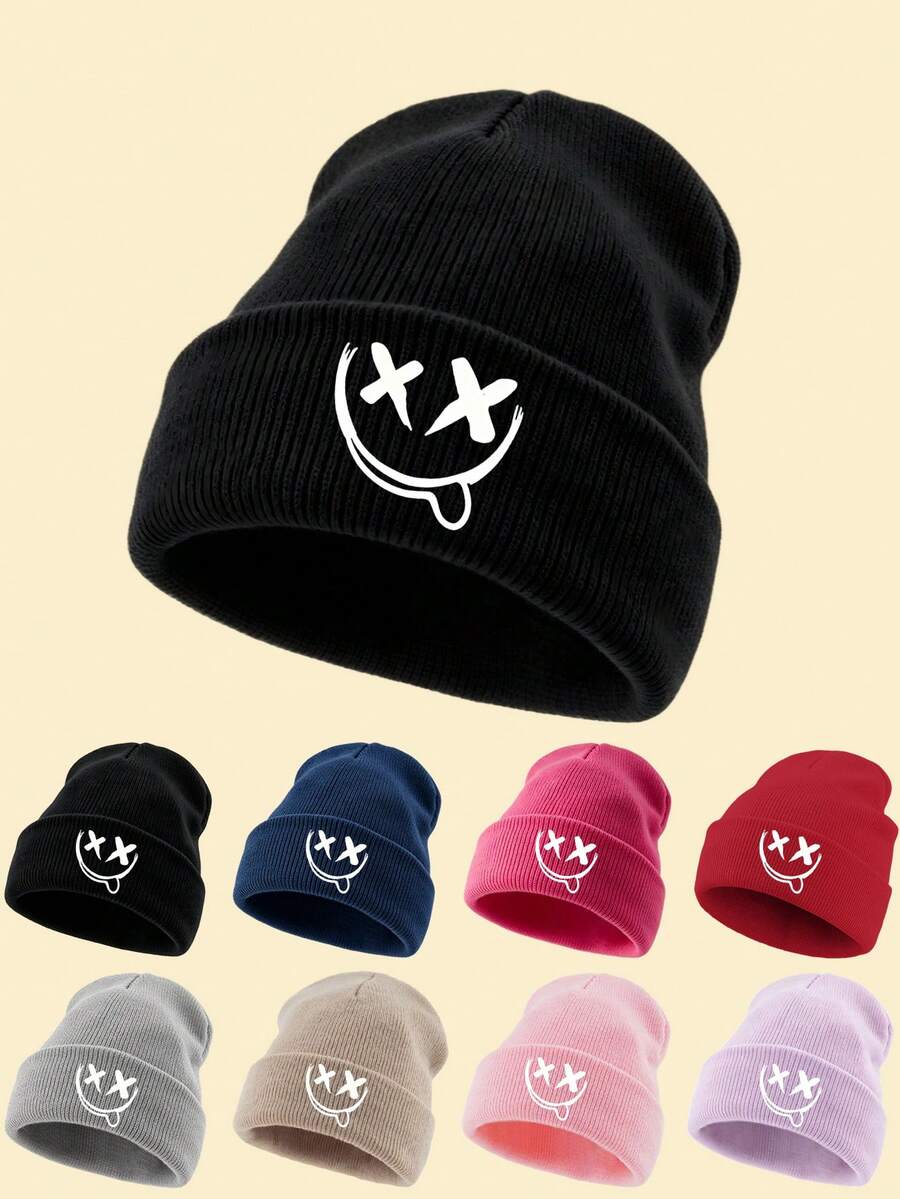 1pc Unisex Multi‑Color Cuffed Knitted Beanie Hat, X‑Eyes Smiling Face Graphic Print, Soft Warm Fall Winter Headwear, Versatile Casual Cap For Outdoor - Multicolor - View 1