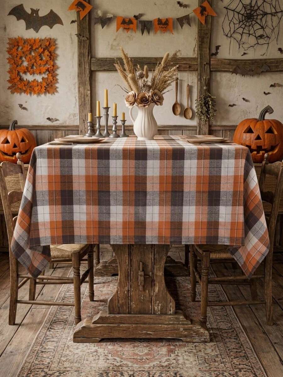 Autumn/Winter Plaid Rectangular Tablecloth, Brown Buffalo Check Tablecloth Suitable For Restaurants, Kitchens, Themed Parties, Dining Tables, Square Tables, Halloween, Everyday Decor - Orange - View 1