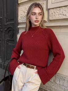 Autumn Women Red Turtleneck Knit Sweater Half High Neck Raglan Long Sleeve Cuff Tops Elegant Vacation Going Out Outfits For Women - Red - View 3